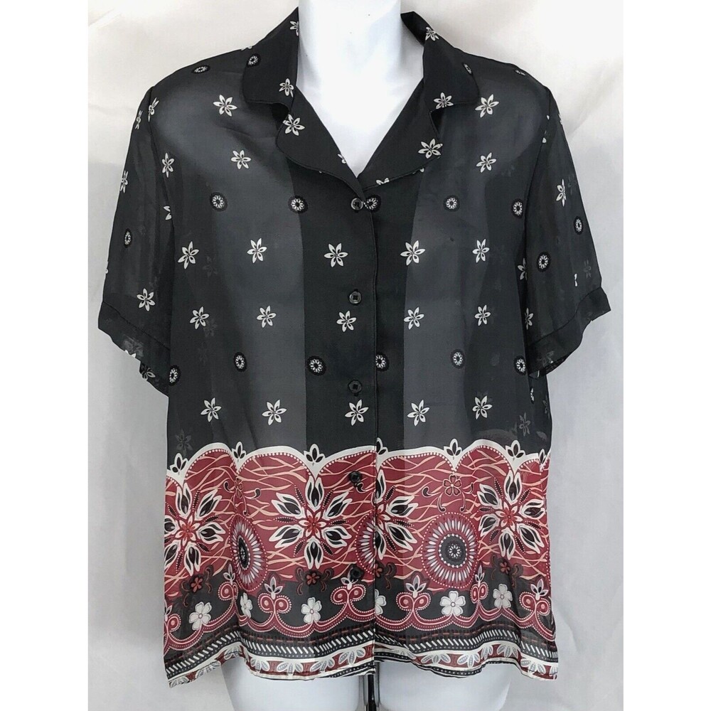MG Paris Sheer Chiffon Top L Gray Red Geo Tribal shortSleeve Boho Artsy Abstract